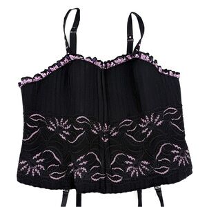 Cacique Bustier Corset Womens Size 14 16 Black Lace Lavender Garter Clips